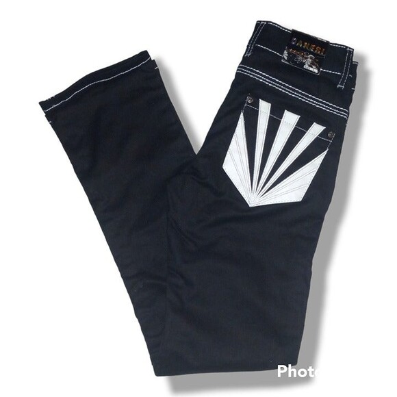 Danesi Black Straight Leg Jeans-Size 3-Contrast Stitching-Faux Leather-NEW - Picture 1 of 9